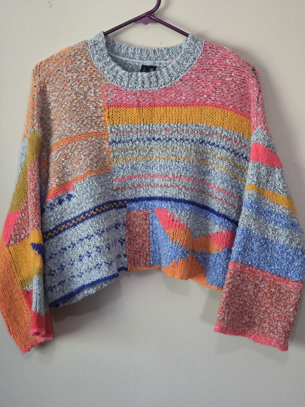 Moon & Madison Multicolor Boho Patchwork Cropped Knit Sweater